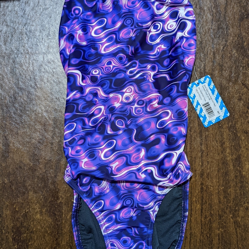 iswim Girls Purple Swirl Wide Strap One Piece Racing Swimsuit, Size 26Y
